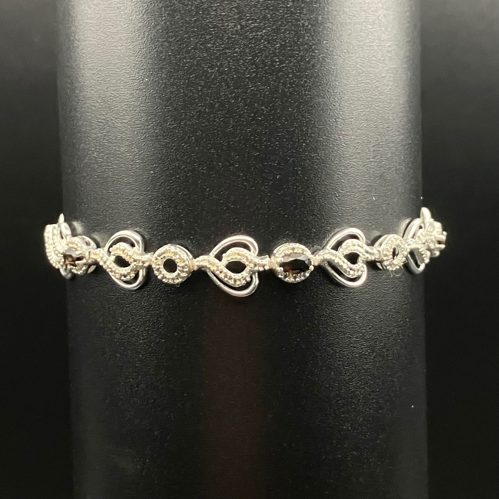 Sterling Silver Smoky Quartz Bracelet Heart Motif Rhodium Plated Signed Size 7.5 - Picture 2 of 13